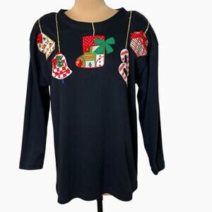 Vintage Chrysantheme Christmas Top Womens Medium Pullover Ornaments Holiday Fun